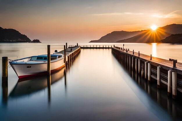 a boat is docked at a dock with the sun setting behind it.