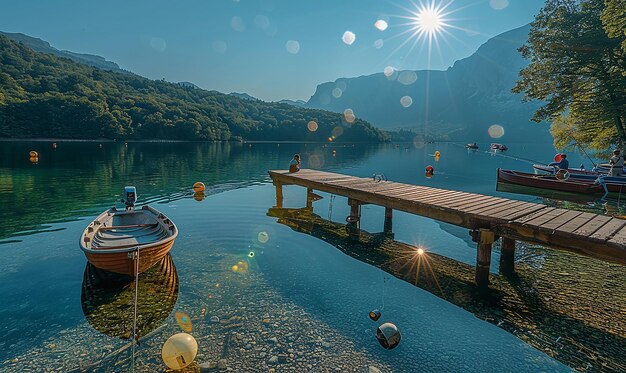 Photo a boat is docked at a dock with a sun shining on the water