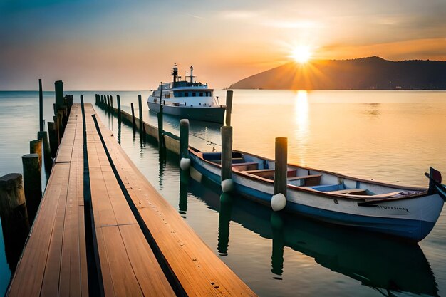 a boat is docked at a dock with a sunset in the background.