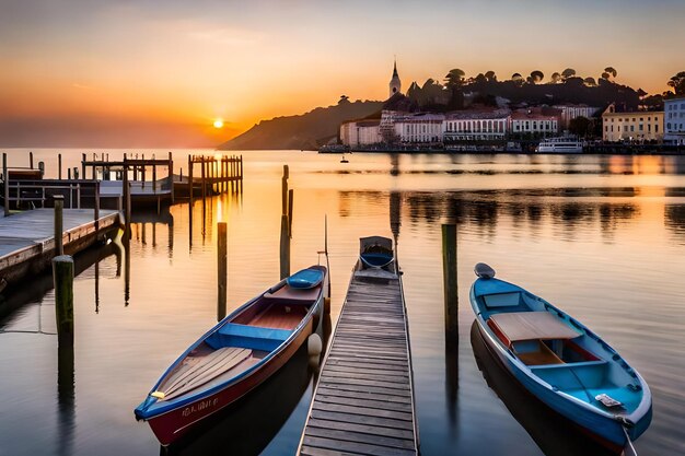 A boat is docked at a dock with a sunset in the background