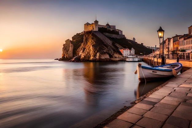 a boat is docked in front of a castle on a cliff.