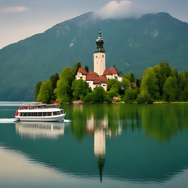 a boat is docked in front of a castle with a tower on the top of it