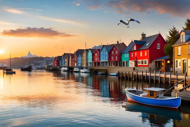 A boat is docked in front of a colorful house with a bird flying above it.