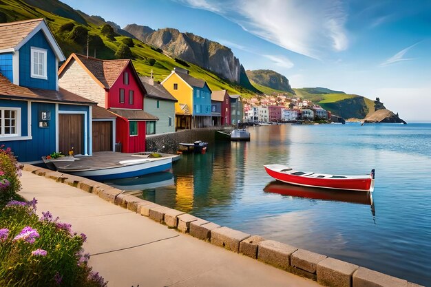 A boat is docked in front of a mountain.