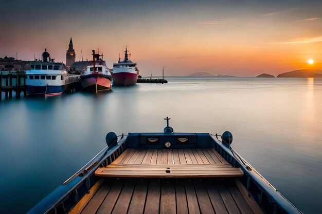 Photo a boat is docked in front of a sunset.