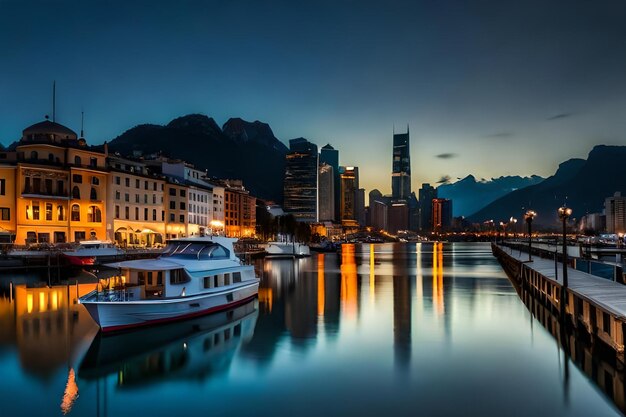 A boat is docked in a harbor with a city in the background