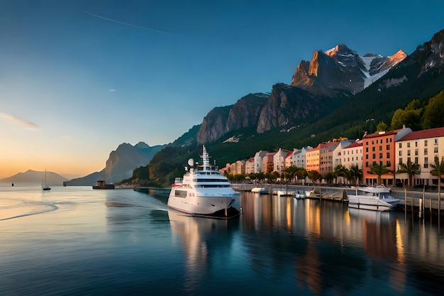 A boat is docked in a harbor with a mountain in the backgroundrealistic