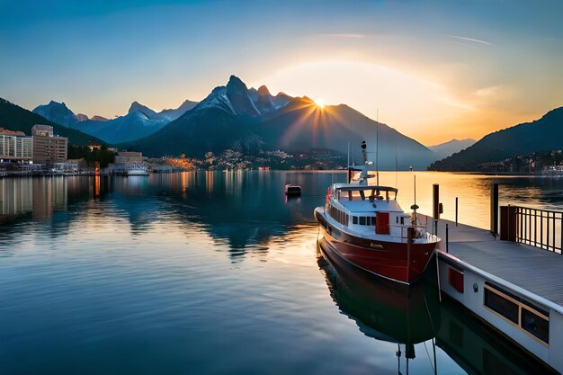 A boat is docked in a harbor with a mountain in the backgroundrealistic