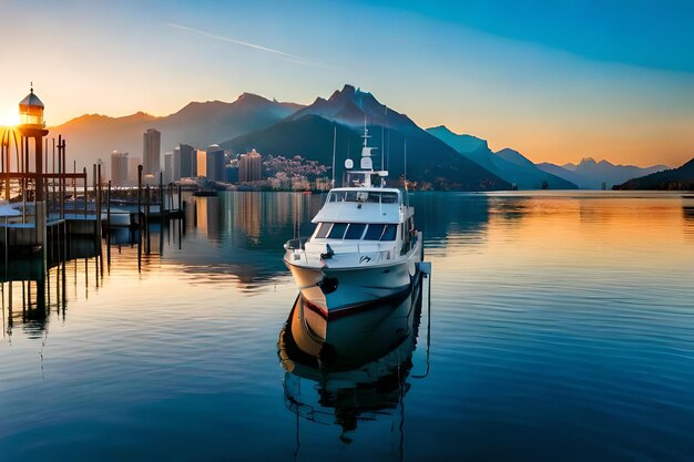 A boat is docked in a harbor with a mountain in the backgroundrealistic