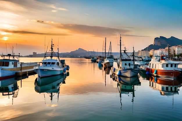 a boat is docked in a harbor with a sunset in the background.