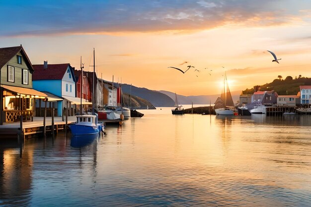 A boat is docked in a harbor with a sunset in the background