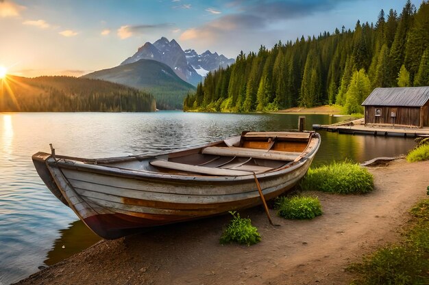 A boat is docked at a lake with a mountain in the background.