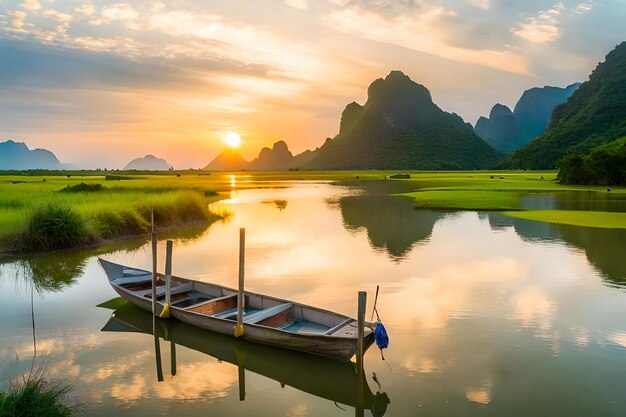 A boat is docked in a lake with mountains in the background.