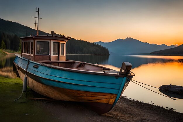 a boat is docked at a lake with mountains in the background.