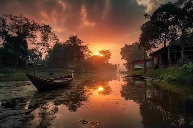 A boat is docked in a lake with a pink sky and the sun is setting.