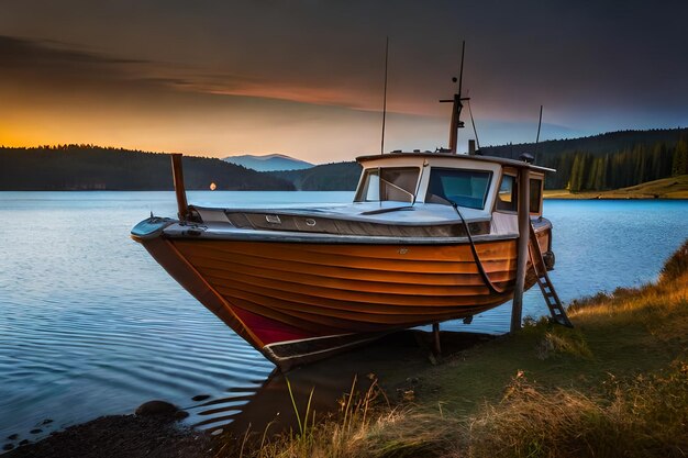 夕日を背景に湖にボートが停泊しています。