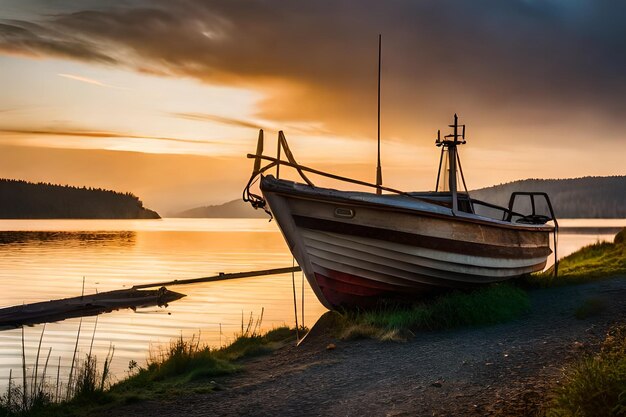 a boat is docked in a lake with a sunset in the background.