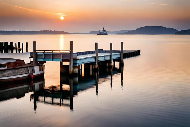 a boat is docked at a pier with a boat in the background.