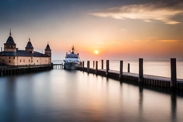 Photo a boat is docked at a pier with the sun setting behind it.