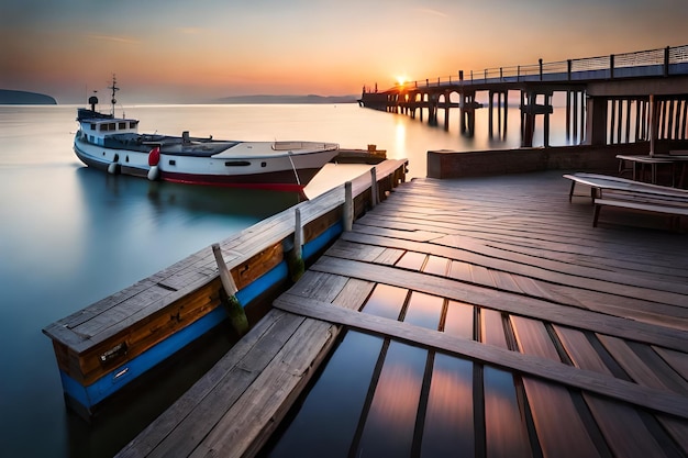 a boat is docked at a pier with a sunset in the background.