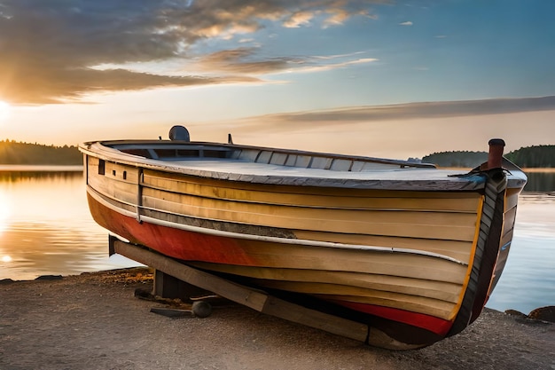 a boat is docked on a pier with a sunset in the background.