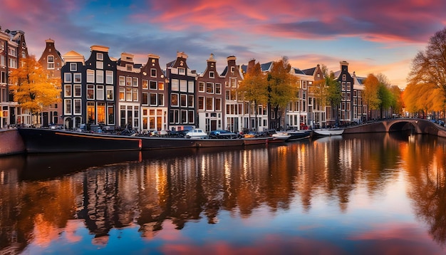 Photo a boat is docked next to a row of houses on a river with boats in the water