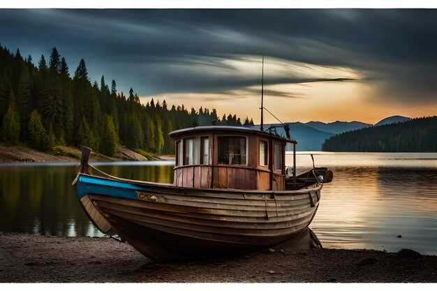 A boat is docked on the shore of a lake