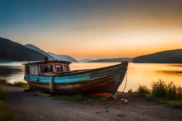 a boat is docked on the shore of a lake.