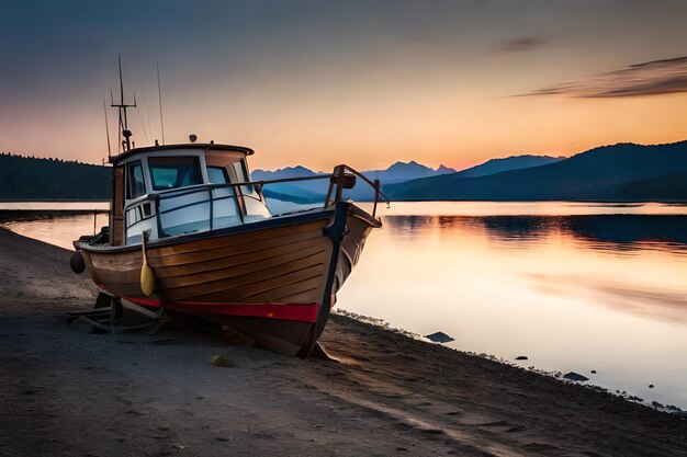 a boat is docked at the shore of a lake.