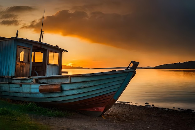 a boat is docked at the shore of a lake.