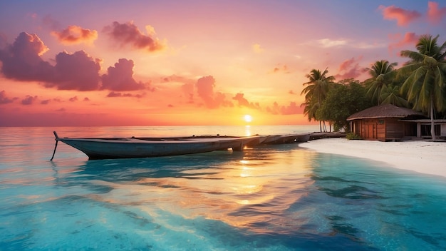 a boat is docked in a tropical beach with palm trees in the background