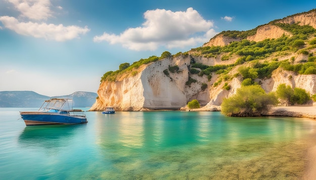 a boat is docked in the water near a cliff