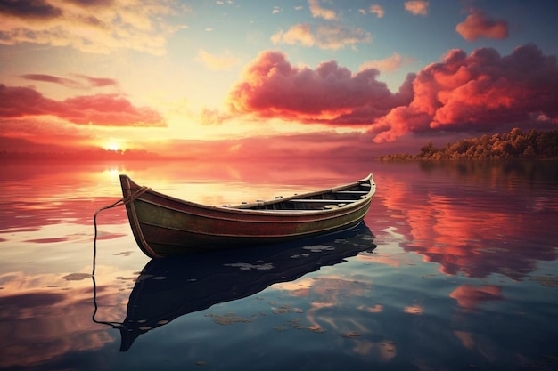 a boat is docked in the water with the sunset in the background.