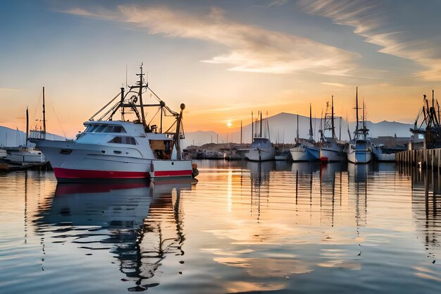 a boat is docked in the water with a sunset in the background.