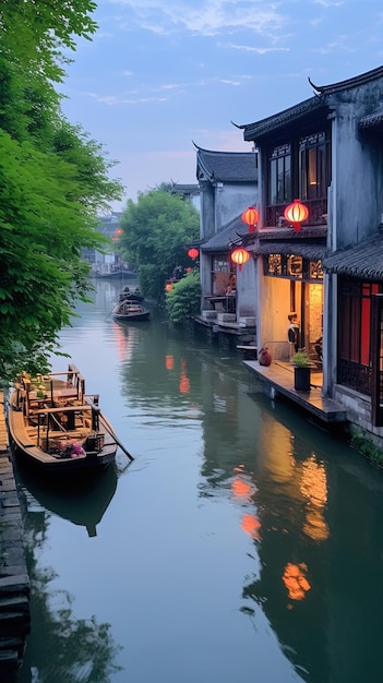 Photo a boat is floating on a canal with a building in the background