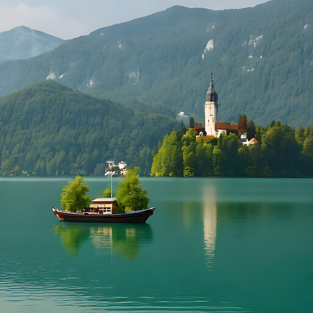 a boat is floating in a lake surrounded by mountains