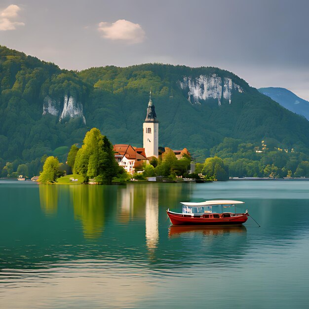 Photo a boat is floating on a lake surrounded by trees