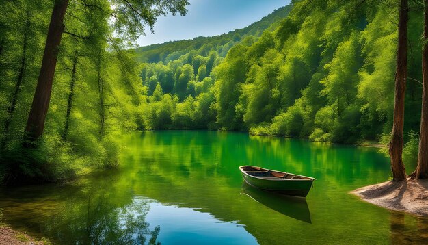 a boat is floating on a lake surrounded by trees