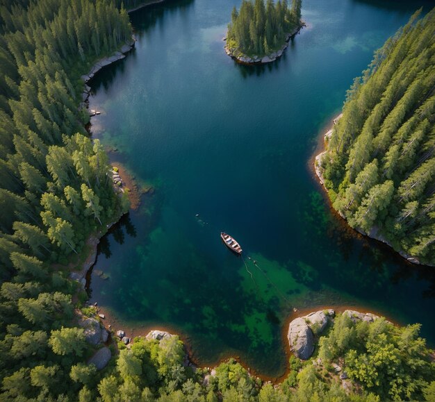 лодка плывет в озере, окруженном деревьями