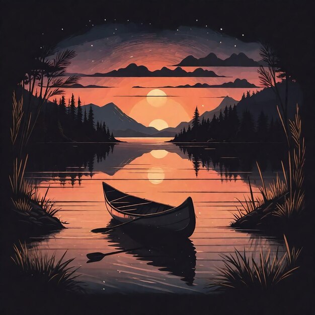 a boat is floating in a lake with a moon and mountains in the background