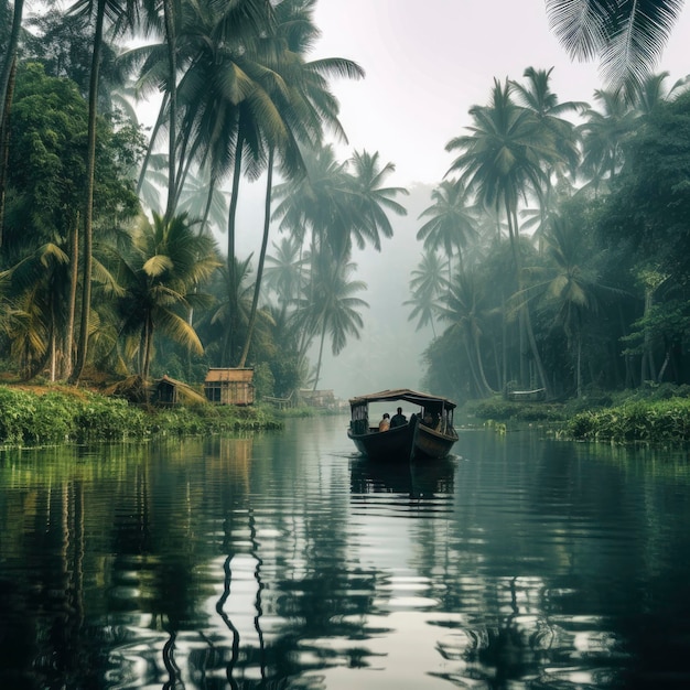 A boat is floating on a river with palm trees in the Kerala background