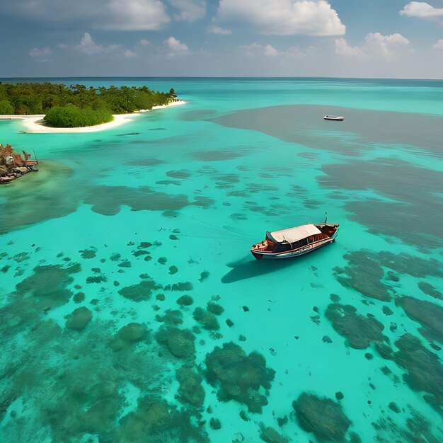 Photo a boat is floating on the water with a beach in the background