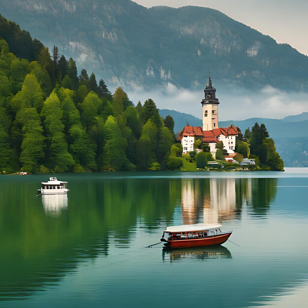 Photo a boat is floating on the water with a boat in the water