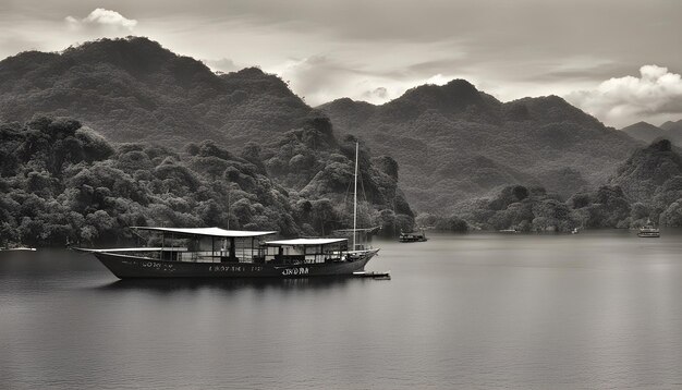 Photo a boat is floating on the water with a mountain in the background