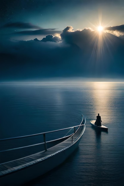 A boat is floating on the water with a person sitting on a boat