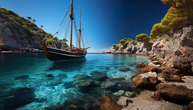 Photo a boat is floating in the water with rocks and trees