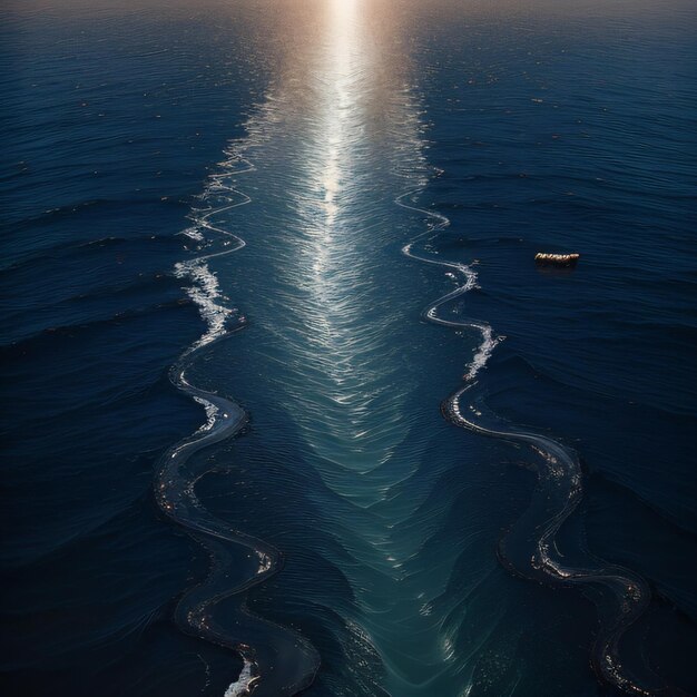 A boat is floating in the water with the sun shining on the water