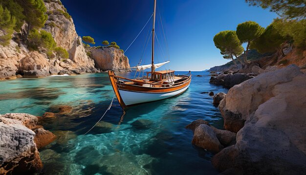 Photo a boat is floating in the water with a tree on the right side