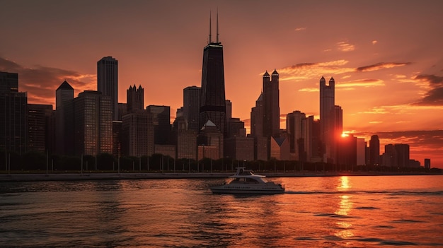 A boat is in front of a city skyline with the chicago skyline in the background.