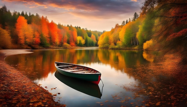 Photo a boat is on the lake in the fall